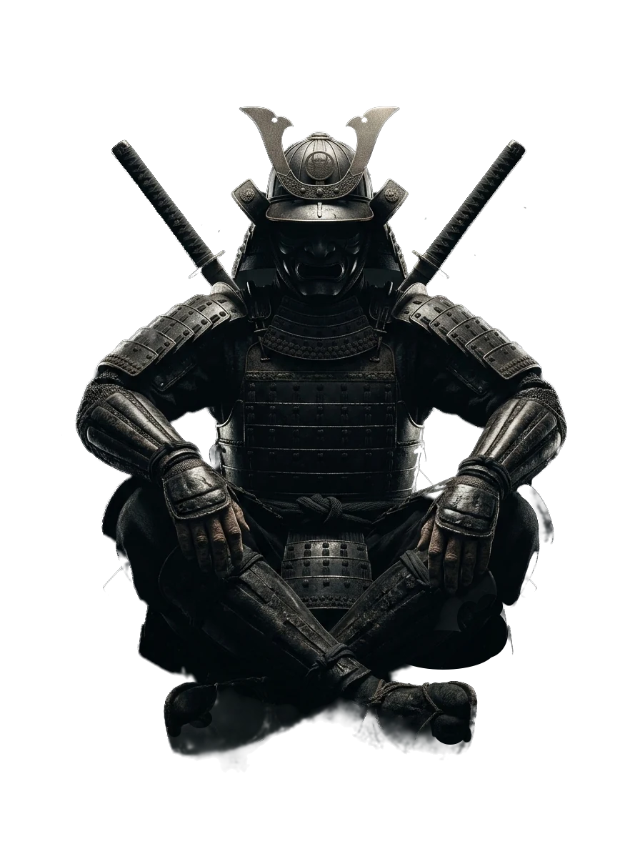 Seated samurai in lacquered armor, swords crossed at the back
